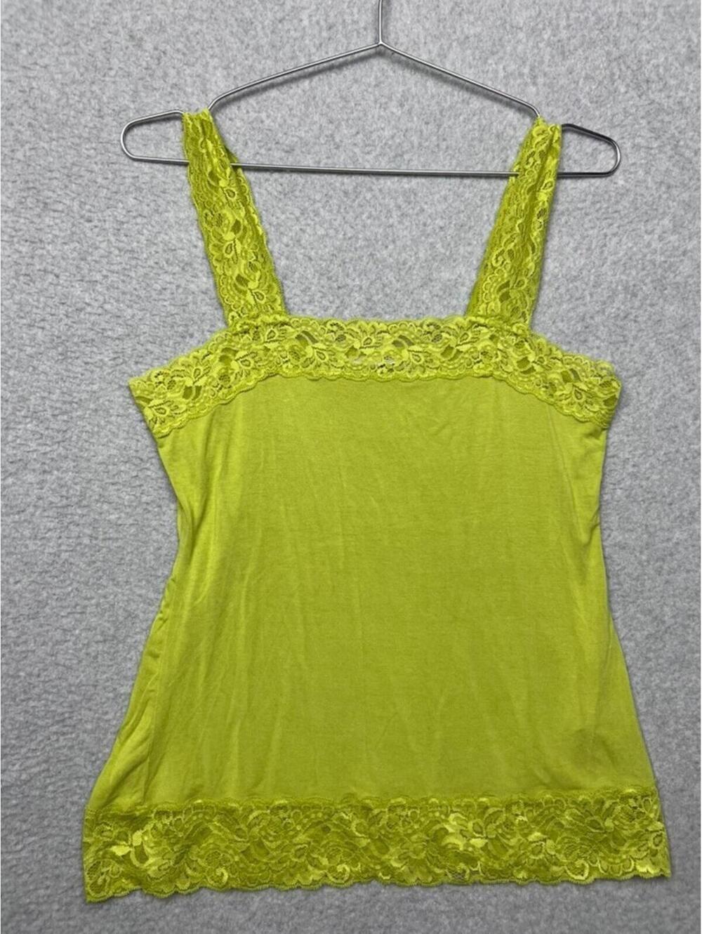 Halogen Lime Green Lace Cami Tank Top M Square Neck Y2K Cottagecore Coquette Boh
